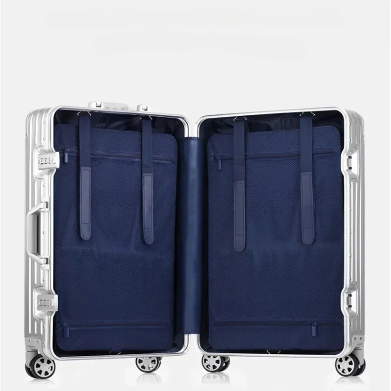 100% Aluminum-Magnesium Alloy Trolley Case Luggage Boarding Suitcases with Wheels Free Shipping 20 24 26 29 Inch Silvery