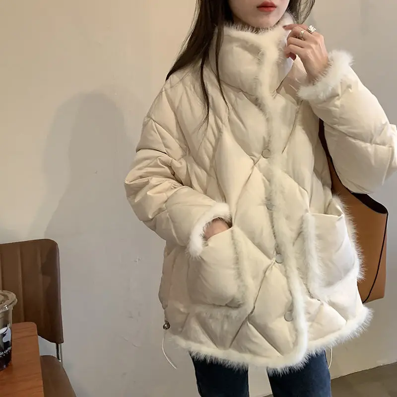 Women stand colla argyle All-match Long Sleeve Single Breasted Simple Solid Parkas 2024 Winter Warm Outerwear cotton Coat