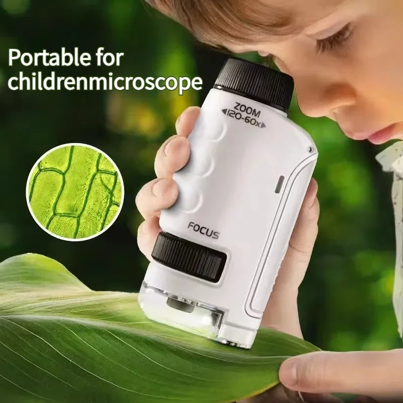 Pocket Microscope Kids Science Toy Kit 60-120x Educational Mini Handheld Microscope with LED Light Outdoor Children Stem Toy