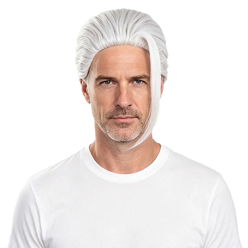 Silver White Men Low Man Bun Wig Slicked Back Cosplay Wig Heat Resistant Synthetic Hair For Halloween Party Anime Convention