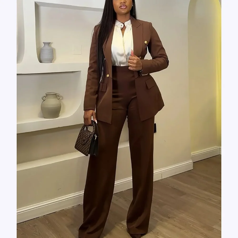 

Brown Women Suits Solid Color Peak Lapel Suit Casual Fashion 2 Piece Double Breasted Elegant Lady Daily Office Formal Set