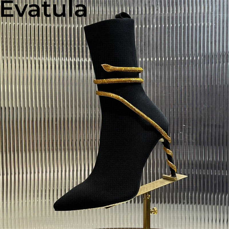 2024 Autumn Black Knitted Thin High Heels Ankle Boots Women Pointy Toe Snake Wrap Short Boots Sexy Elastic Slim Sock Boots Femme