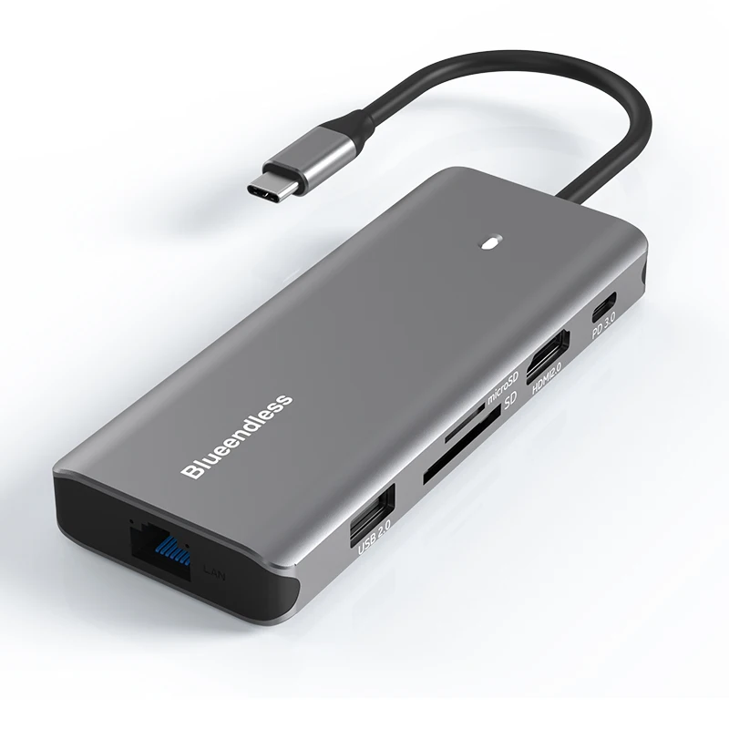 Blueendless وصول جديد الألومنيوم USB C إلى 10 في 1 محور 4k 60hz نوع c HDTV 100 واط مع pd لماك بوك برو اكسسوارات SSD