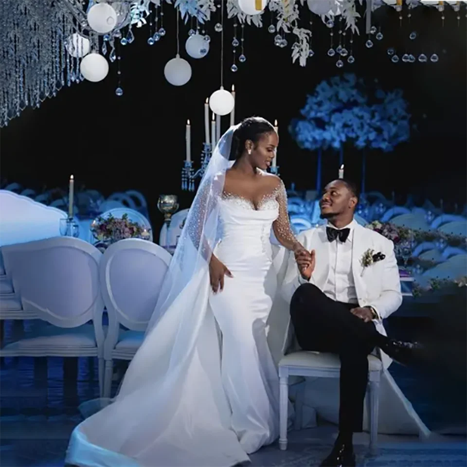 Abiti da sposa da sera formali a sirena con paillettes a cuore personalizzati con spalle scoperte 2025 Abiti da sposa in tulle senza schienale per le donne