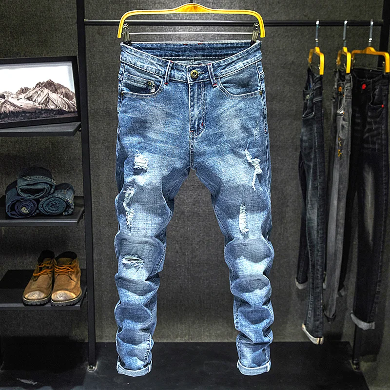 

Men Stretch Slim Ripped Jeans Hip Hop Streetwear Korean Vintage Distressed Little Feet Pants Personality Male Trousers