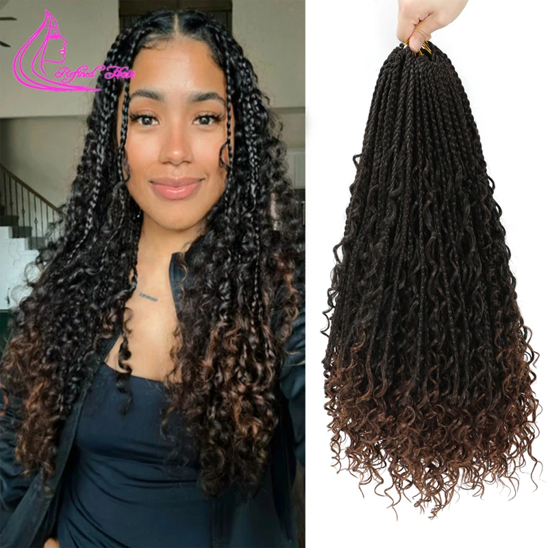 Synthetic Crochet Box Braids With Curly Ends Boho Box Braids Pre Stretched Braiding Hair Extensions For Black Woman ombre brown