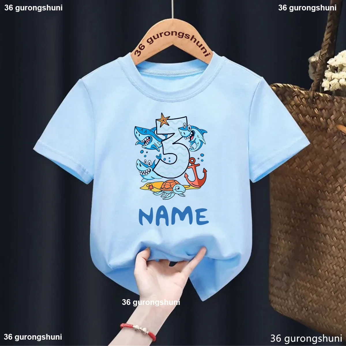 

2025 New Shark Number Birthday Printing Cute Boys Girls T Shirt Summer Fashion O-Neck Customized Name Short Sleeve Blue Tops