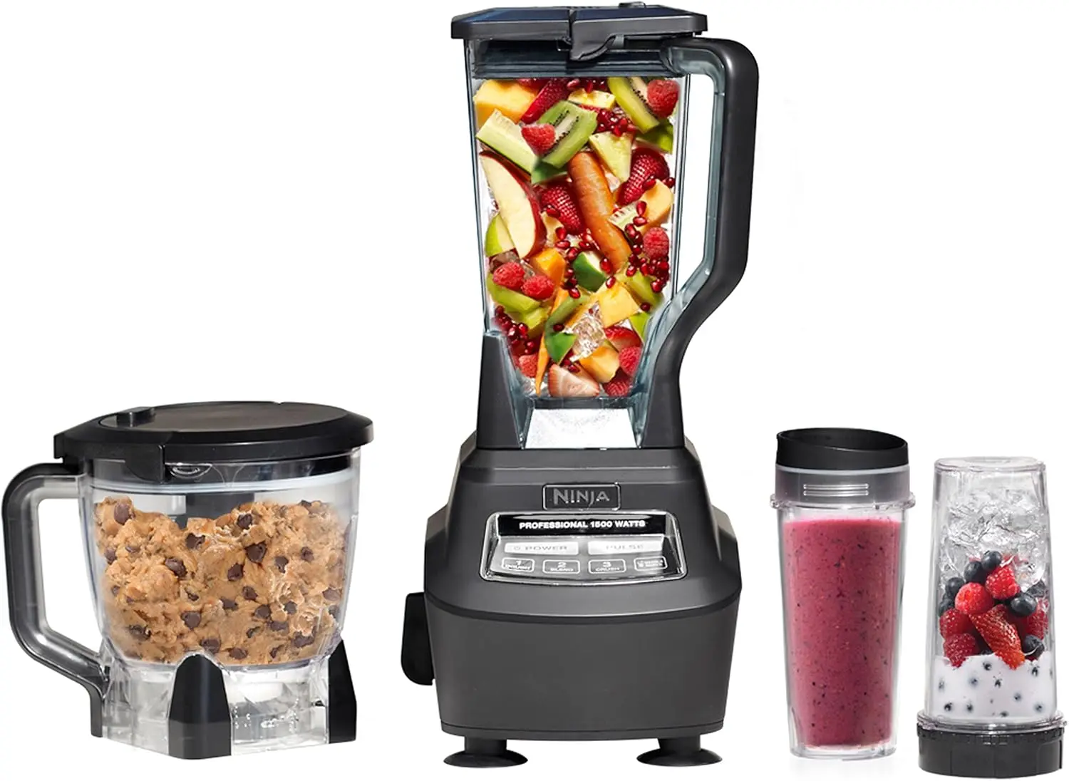 Mega sistema de cocina de 1500 W con licuadora de 72 oz, procesador de alimentos de 8 tazas, tazas para llevar: batidos, trituración de hielo y más en negro