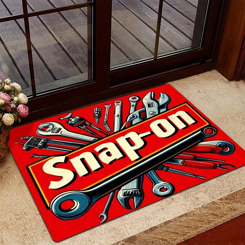 Snap-On Tool Logo Non-Slip Door Mat, Vibrant Red with Black White Illustrations, Washable Flannel for Home Office Garage Decor
