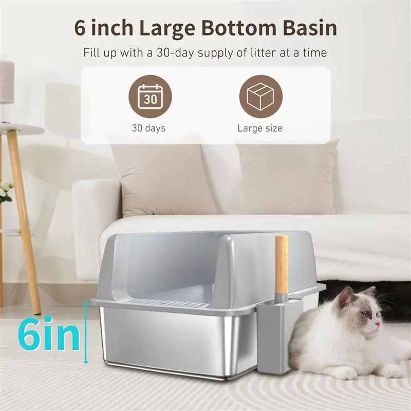 20L Semi-enclosed Stainless Steel Cat Litter Box Large Capacity Pet Sandbox Splashproof Cat Tray Cat Toilet Cleaning Bath Basin