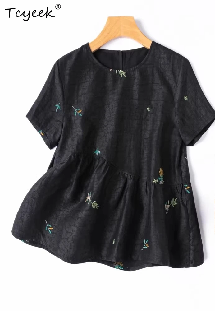 

Tcyeek 100% Mulberry Silk Summer Tees Elegant T-Shirts for Women Clothes 2026 Loose Fit Womens Tops Embroidery Футболка Женская