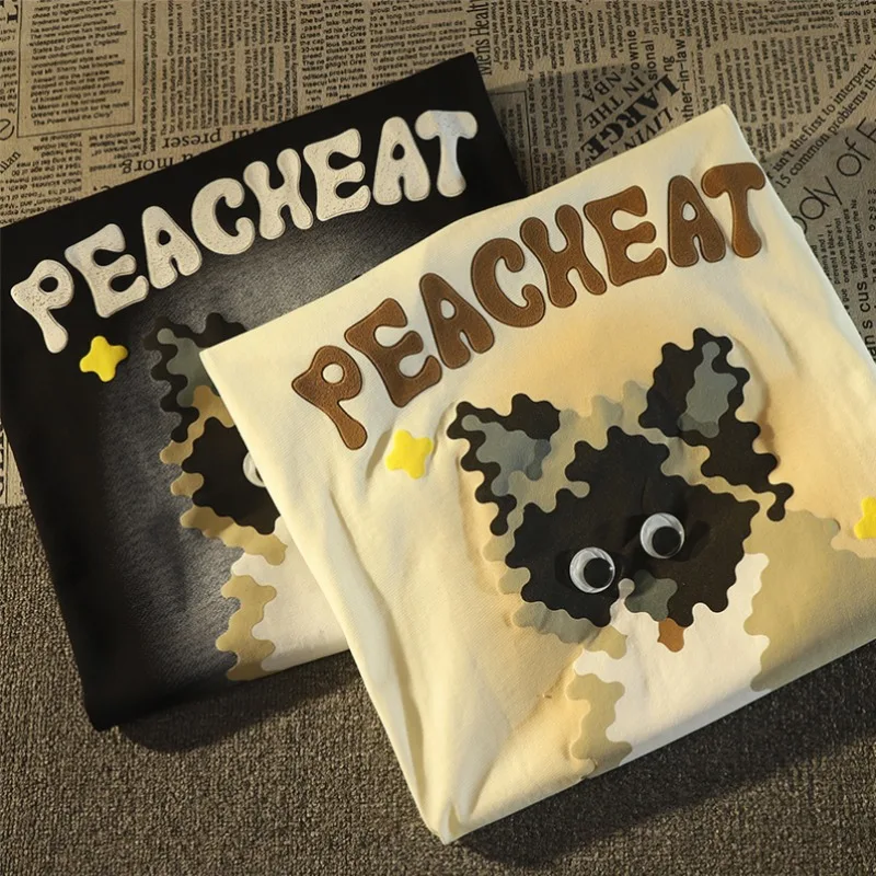 American Retro Puppy Print Pure Cotton Short Sleeved T-shirt for Men and Women Summer Trendy Couple Half Sleeved Oversized Top