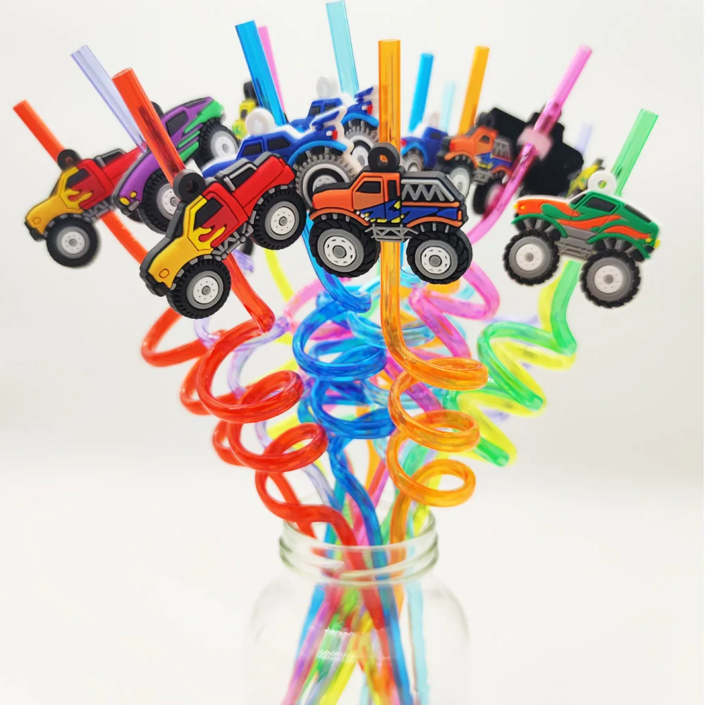 8pcs Reusable Fire Truck Plastic Straws Fire Fighter Drinking Straws Firetruck Fireman Birthday Party Supplies Kids Gift Favors