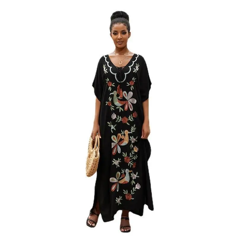 Black Vintage Embroidered Beach Dress Long Sarong Cardigan Bikini Cover-ups Wrap Dress Beach Wear Swim Suit Cover Up