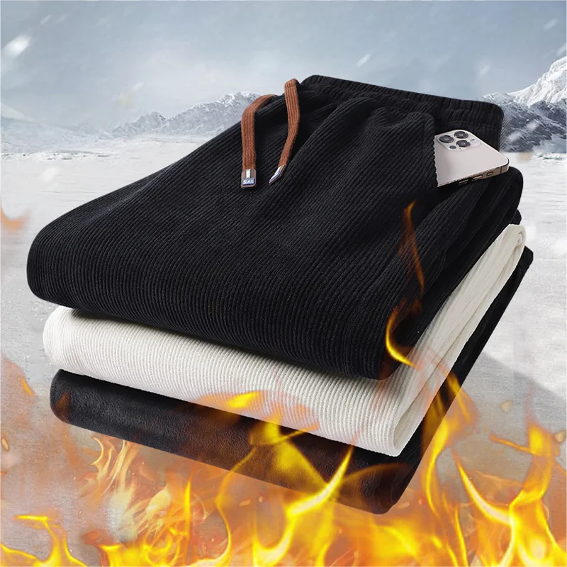 

Мужские утолщенные вельветовые брюки на флисовой подкладке, осенне-зимние мужские повседневные брюки, корейские модные термобрюки, брюки на шнурке