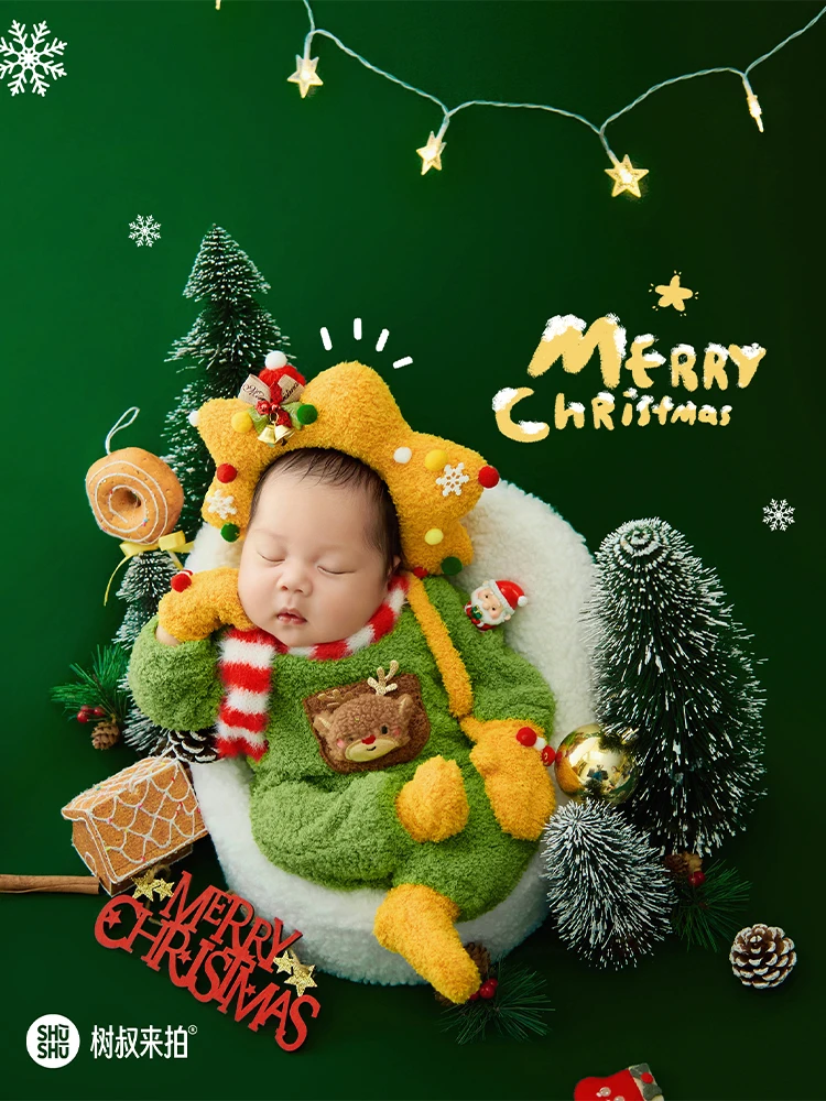 新生児クリスマス写真撮影衣装かわいいクリスマスヘッドバンド + ジャンプスーツ + 手袋 + スカーフ + 靴下ベビーコスチュームキットスタジオベビー撮影小道具