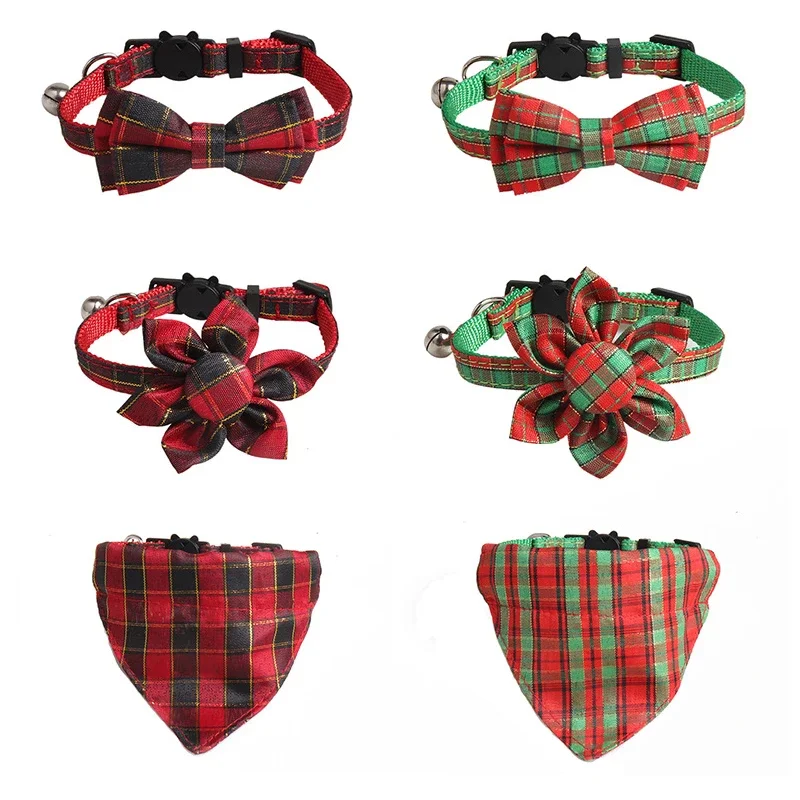 Christmas Cat Dog Collar with Bell Bow Tie Sunflower Cute Plaid Adjustable Collars Pet Puppy Kitten Bowknot Accessories