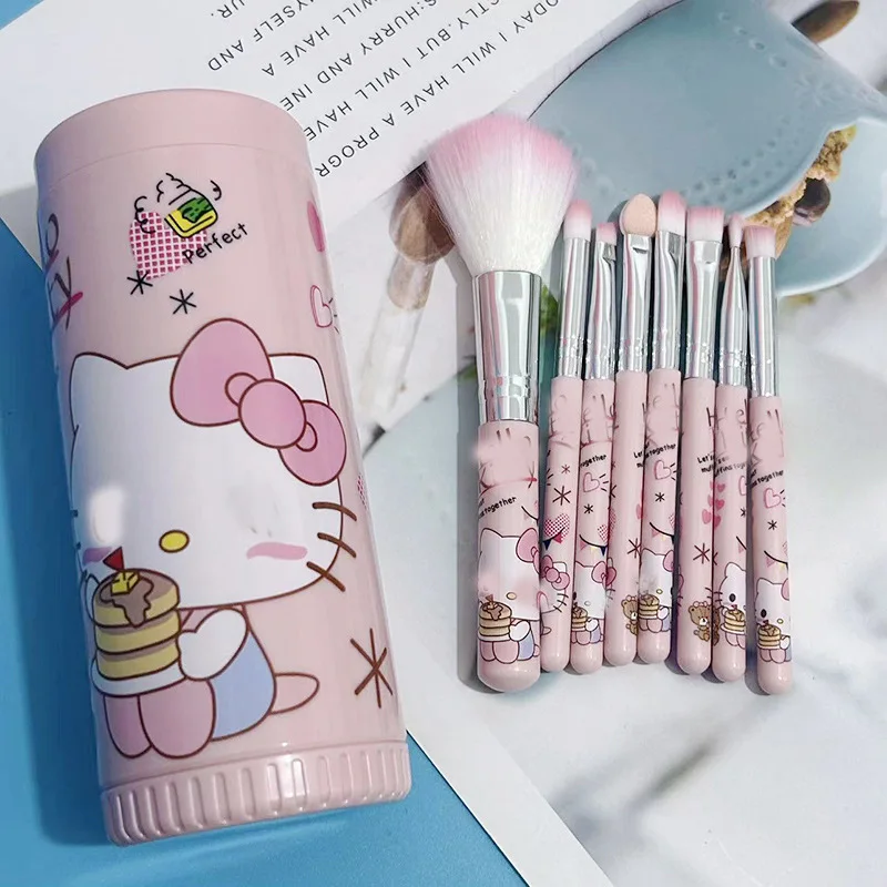 8 ชิ้น/ถัง Sanrio KT แมวชุดแปรงแต่งหน้ารูปการ์ตูน Kawaii Beauty แปรงสีชมพูเครื่องมือนักเรียนเริ่มต้น Blush แปรงของขวัญหญิง