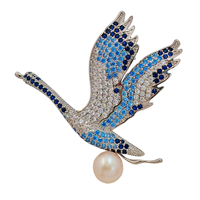 Elegant Goose Brooch with Golden Faux Pearl – Deep Blue Feathers and Light Blue Wings – Paving Setting Brooch – Animal-Inspired