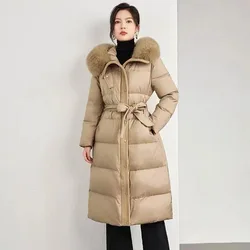 Women's Puffer Coats Winter New Outerwears White Goose Down Large Fur Collar Thick Parker Simple Slim Belt Elegant Down Jackets