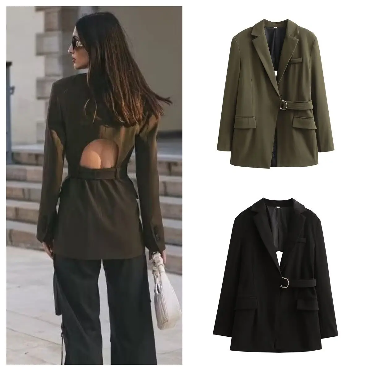 

Elegant Women's Spring Autumn New European And American Fashion Temperament Open Back Belt Lapel Sexy Suit Blazer High Street