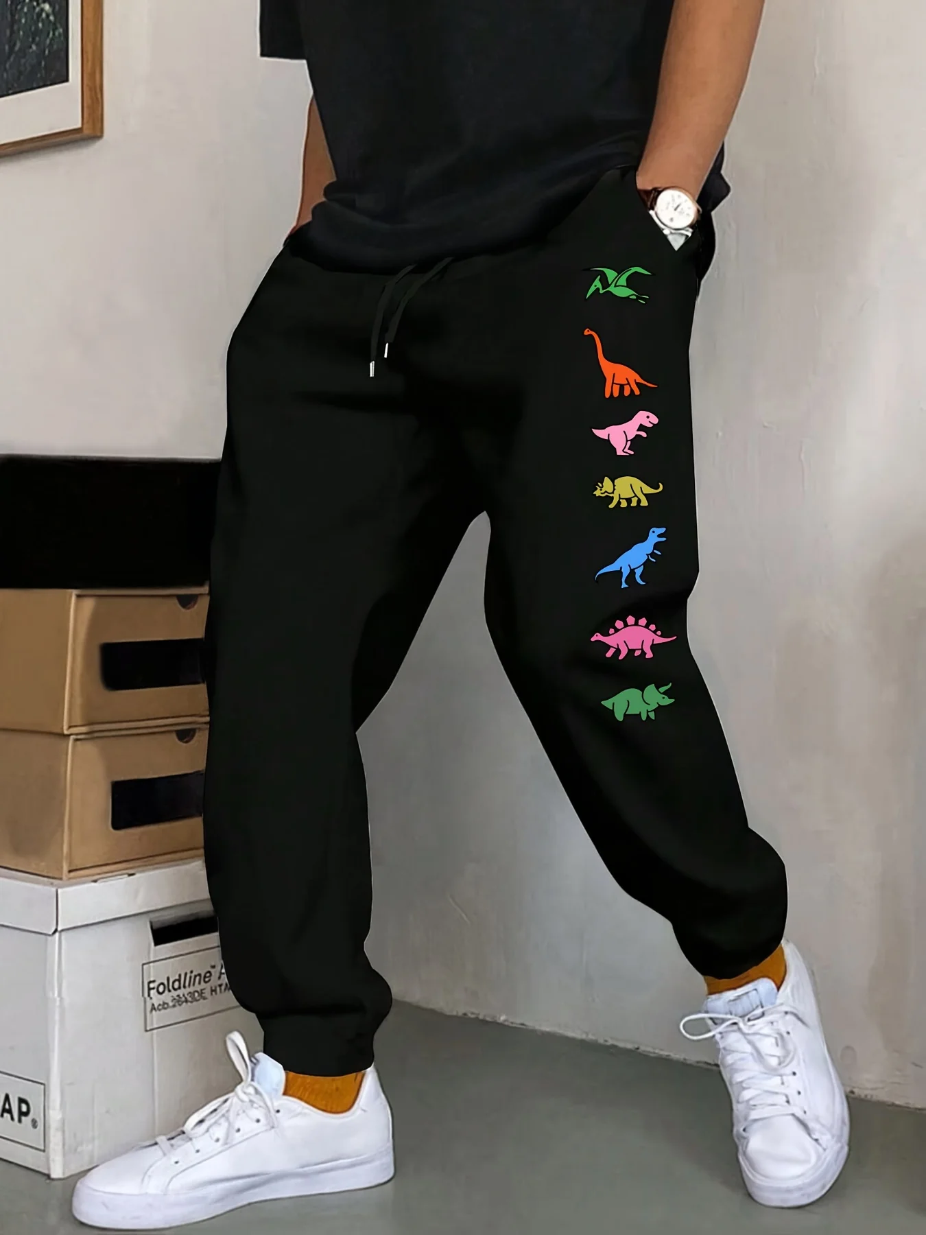 Dino‑aesthetic colorful dinosaur silhouette print stylish tapered sweatpants men hip hop sports jogger trousers soft texture