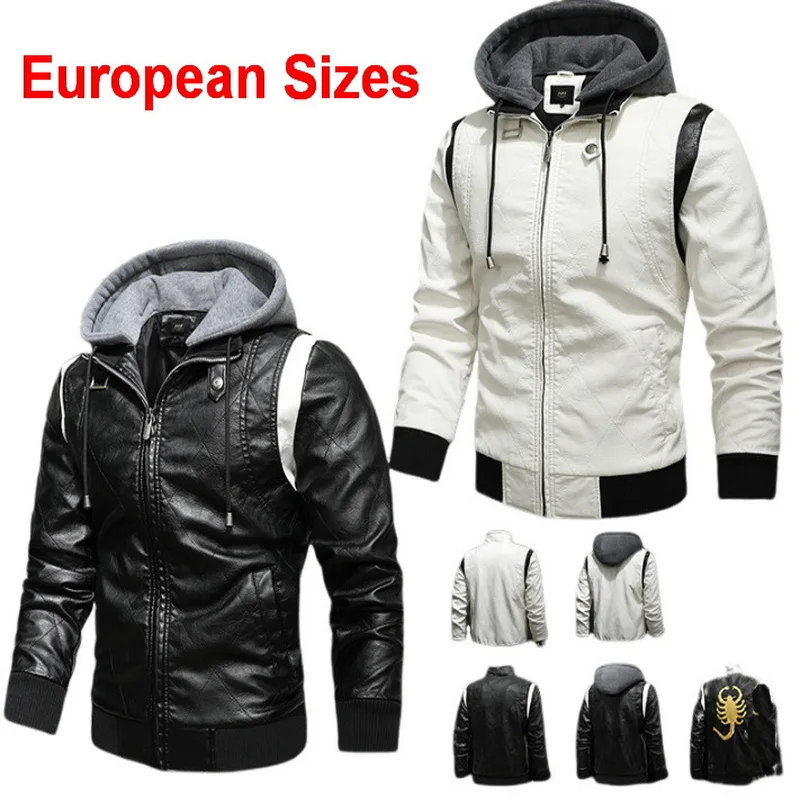 Stand Up Collar Knitted Hood Faux Leather Jackets Scorpion Embroidery On The Back Patchwork  Leather Outerwear