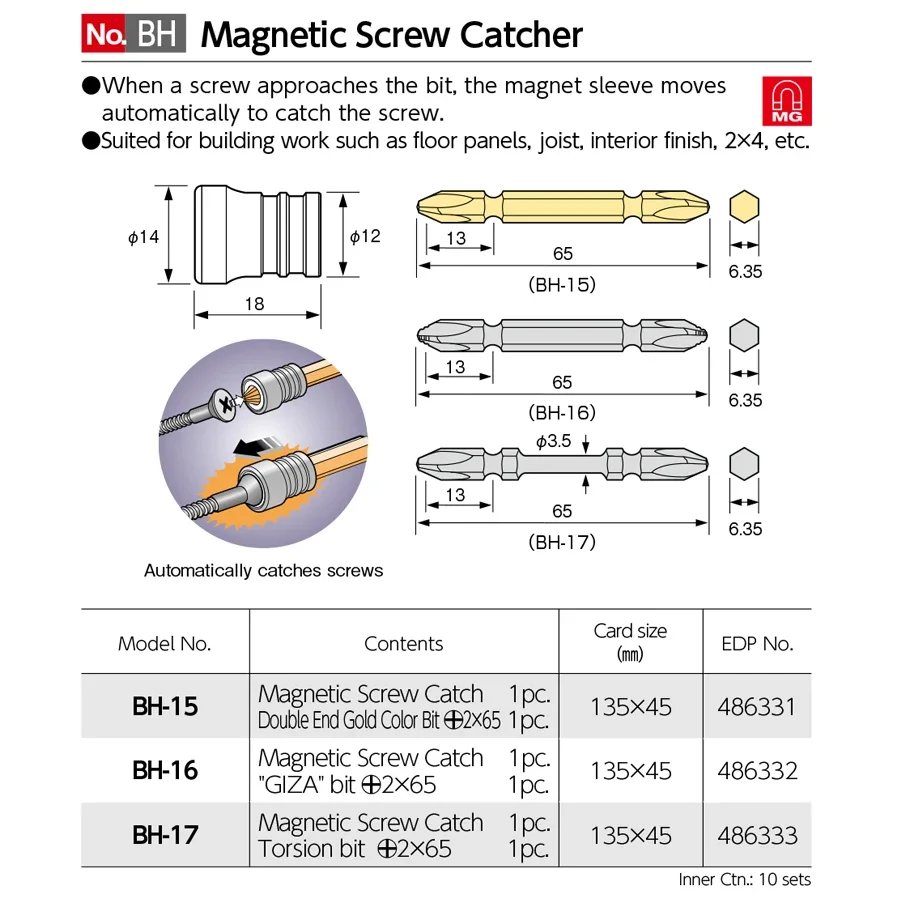 VESSEL NO.BH-11|BH-13|BH-14 (Japan) 1/4 Inch Shank Screw Catch Bit, Drill Chuck Replacement Shaft (PH2x65mm)  hand tools