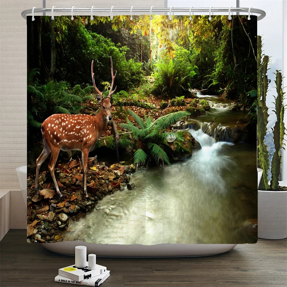 Forest Nature Landscape Waterfall Bathroom Shower Curtain High Quality Waterproof Shower Curtain Tree View Shower Curtain