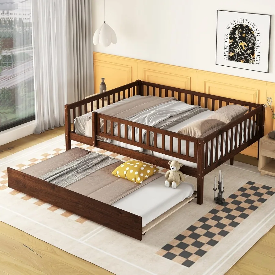 Full Size Daybed with Trundle Wood Full Platform Bed Frame with Rails No Box Spring Needed Easy Assembly for Bedroom or Guest R