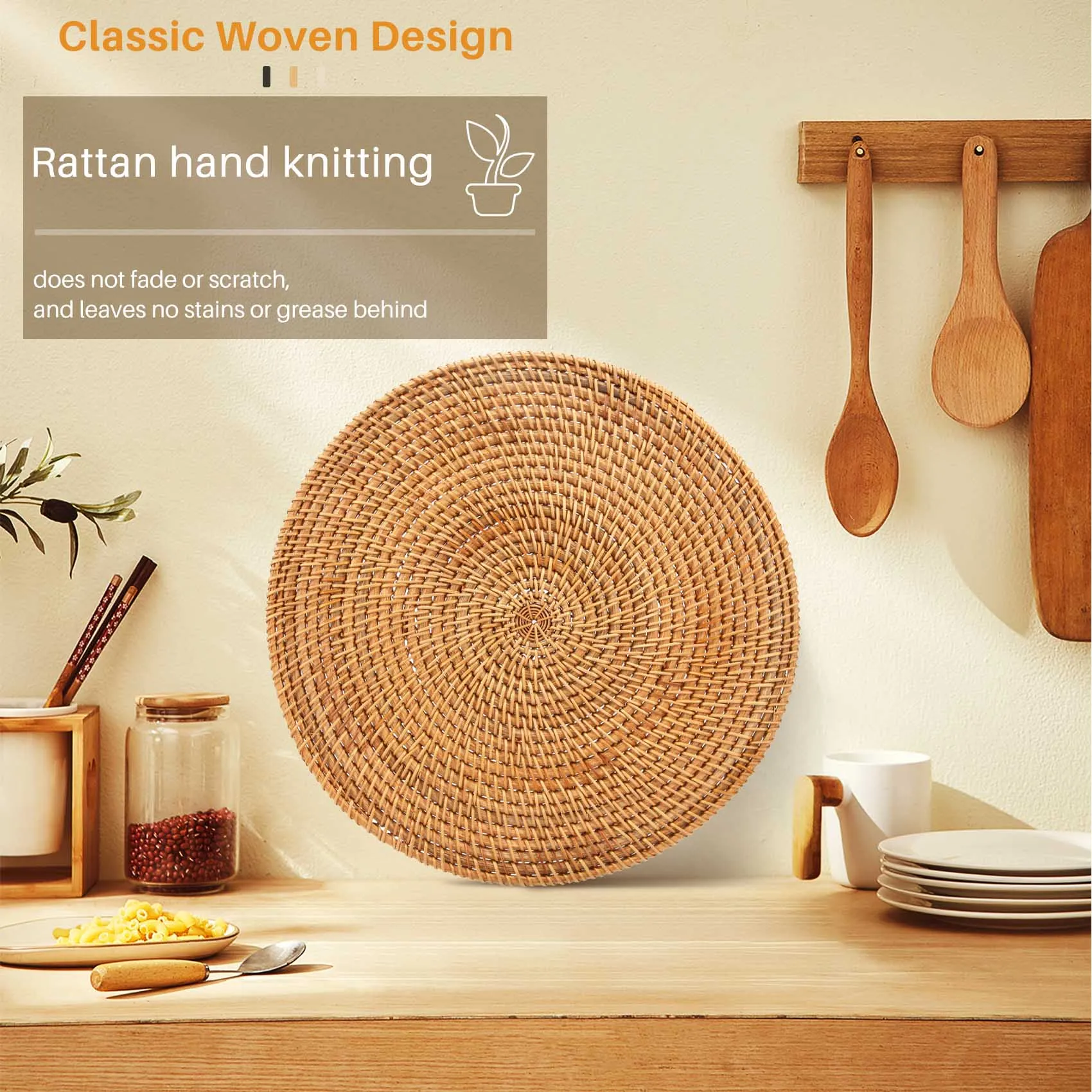 Conjuntos americanos de vime tecidos à mão, tapetes de mesa redondos de vime, jogos americanos tecidos naturais para mesa de jantar, tapetes resistentes ao calor