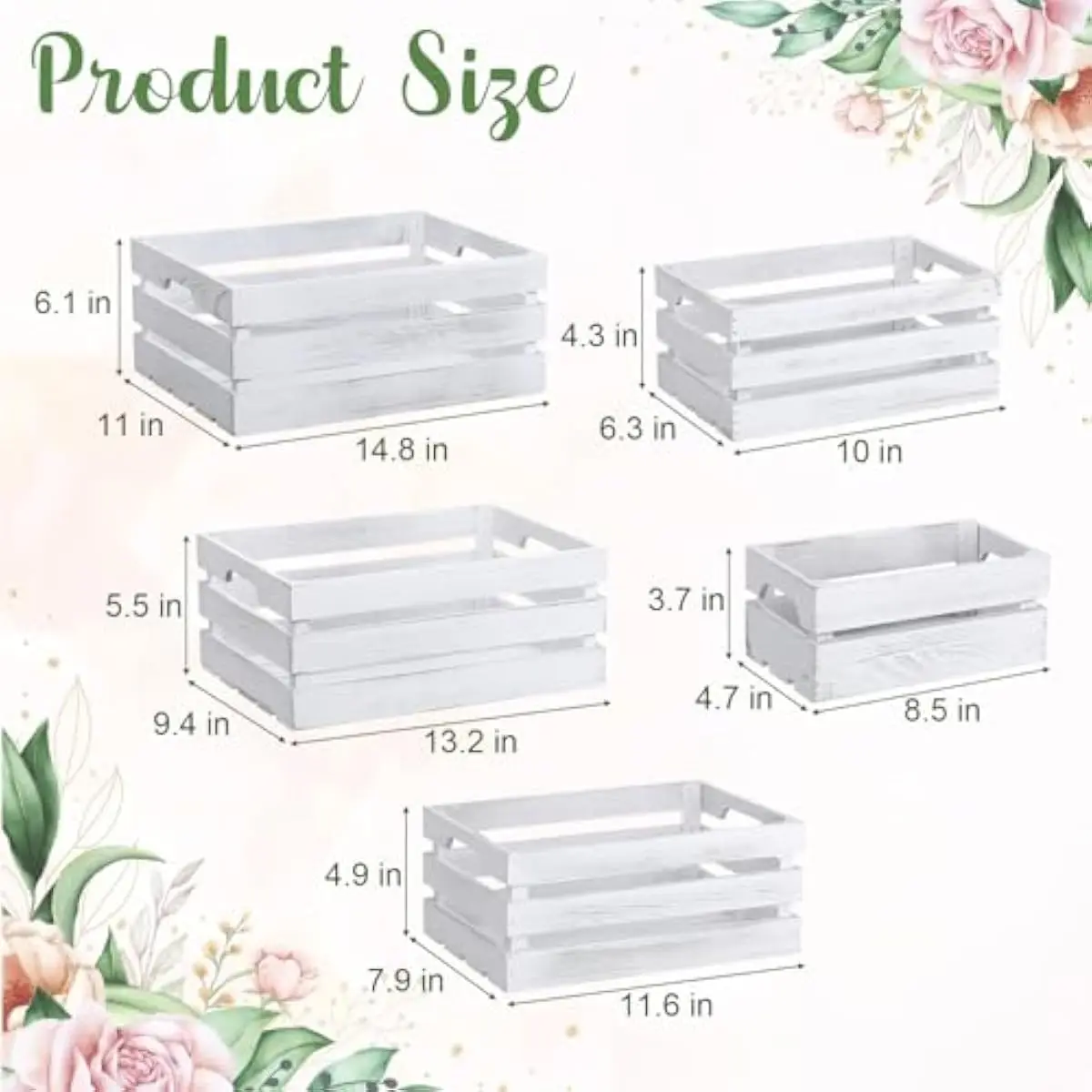 5 rustic pine nesting crates with ergonomic handles, vintage white finish, varying dimensions from 4.7x8.5x3.7 to 11x14.8x6.1 in