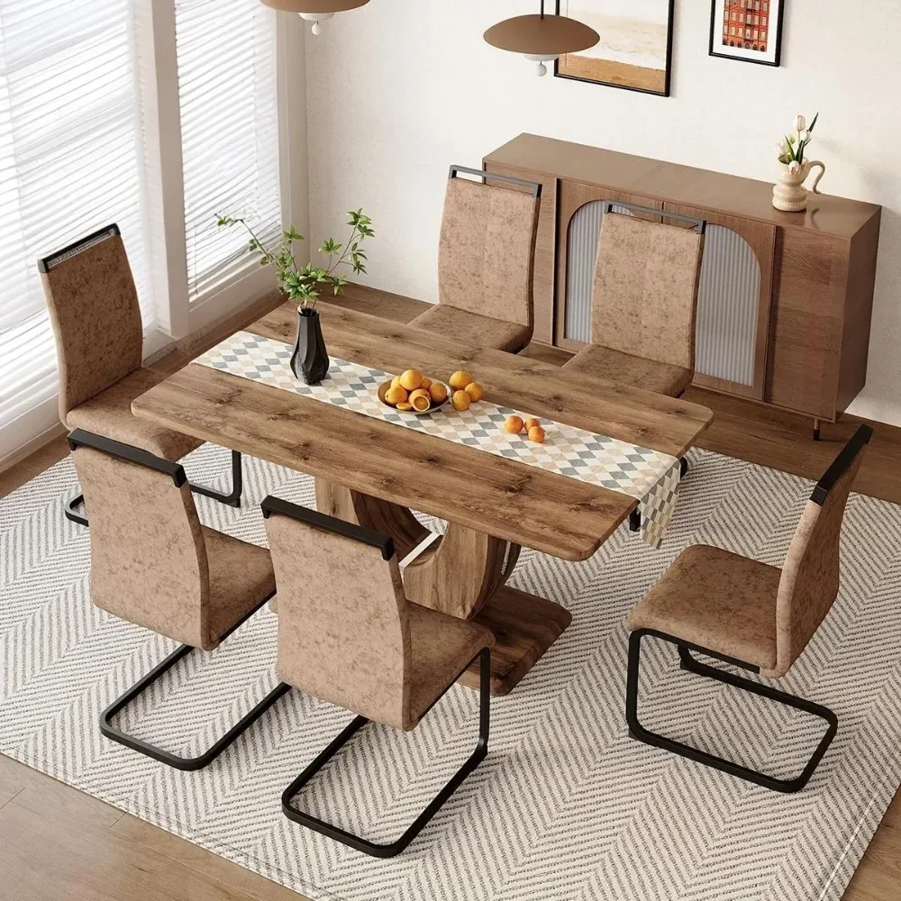 

Modern Dining Table Set For 6, Wood Dining Table Set With 63" Natural Wood Grain Tabletop, Dining Room Table Set