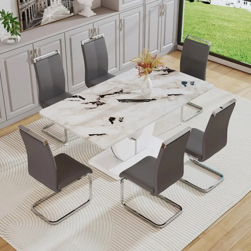 

Modern Dining Table Set for 6,Rectangula Kitchen Table Set with Faux Marble Tabletop＆6 Pu Leather Upholstered Chairs Ideal