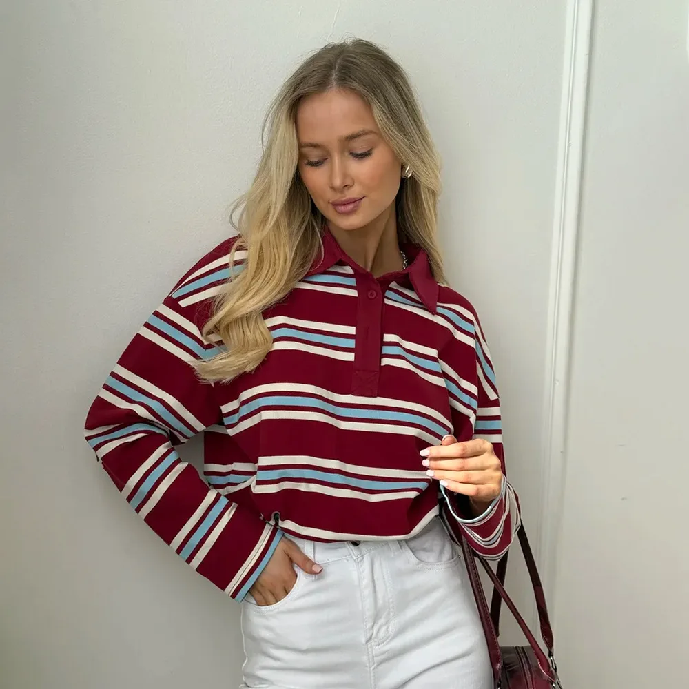 Retro Colorful Stripe Long Sleeve Polo Shirt Lapel Collar Half Button Placket Loose Oversized Casual Striped Pullover Top 260701