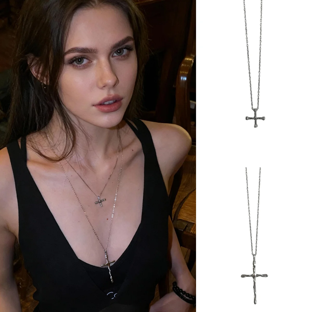 

Minimalist Fashion Stainless Steel Two-Piece Layered Cross Necklace Cool Girl Punk Style Y2K Niche Luxury Collarbone Chain