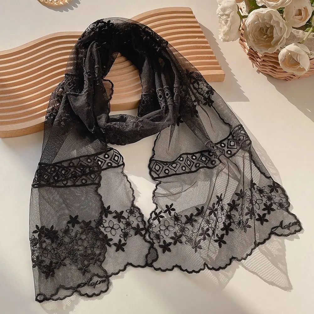 

Retro Embroidered Flower Lace Scarf Breathable Mesh Long Sunscreen Shawl Lightweight Female Headscarf Summer