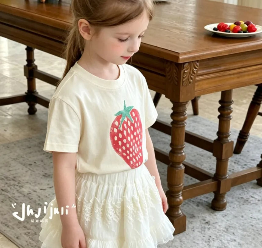 2026 Summer Children Strawberry Printed T-shirts Short Sleeve Loose Tops Toddlers Kids Casual Tees