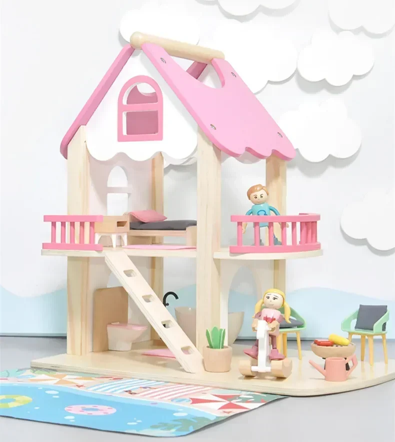 36cm quebra-cabeça das crianças playhouse casa de brinquedo de madeira rosa portátil casa de bonecas simulado princesa villa casa