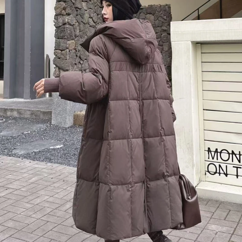 Zimowy płaszcz damski 2024 New 90 White Duck Down Thickened Warm Puffer Jacket Long Hooded Loose Casual Warm Down Jacket