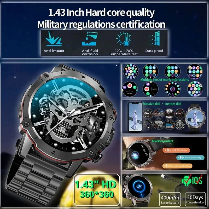 2024 New Bluetooth Call Smart Watch 1.43 HD Touch Screen Outdoor Fitness Exercise IP67 Waterproof Men's Smart Watch