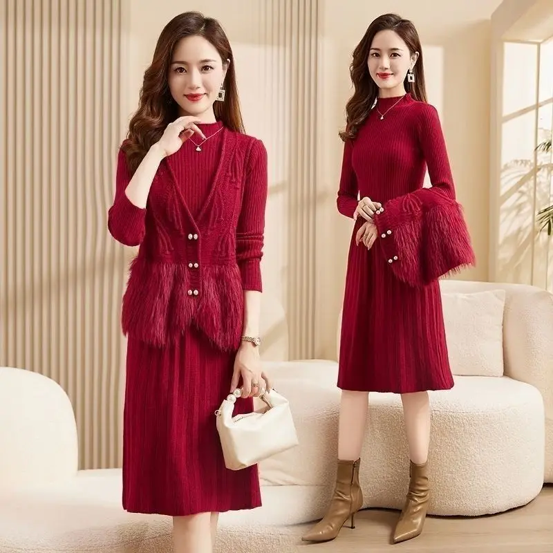 Two Piece Knitted Dress Set for Women's New Fashion Style Covering the Flesh and Showing Off Thinness with Added Plush