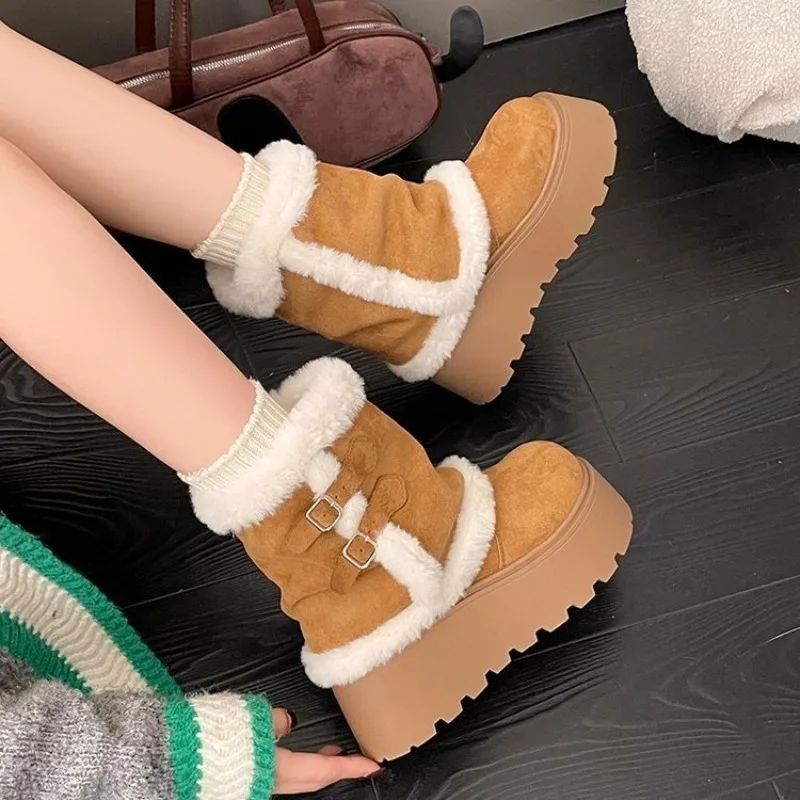 Winter Damen Plateau-Stiefeletten mit Flauschiger Fellbesatz, Doppelschnalle, Robuster Rutschfester Sohle, Warme Kurze Schneestiefel in Weiß – Detail 2
