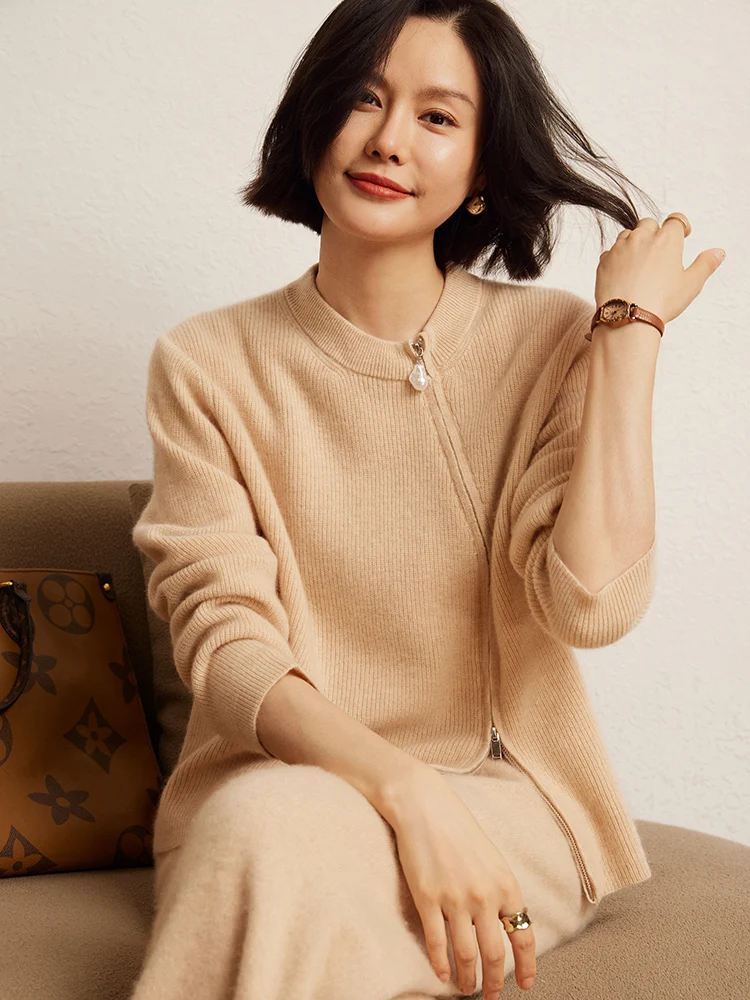 

2025 Chic Women 100% Cashmere Sweater Pearl Double Headed Zipper Slanted Placket Cashmere Cardigan Autumn Winter Luxury Soft Top