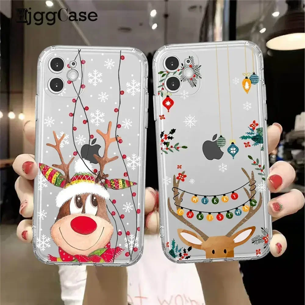 Cartoon Santa Reindeer Tree Phone Case For iPhone 15 13 12 11 14 Pro Max XR XS X 7 8 Plus Mini Merry Christmas clear back Cover