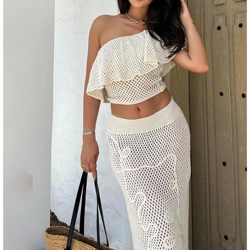 

2026 Spring and Autumn New Beach Blouse Sexy Slanted Shoulder Hollow Beach Dress Bikini Dress