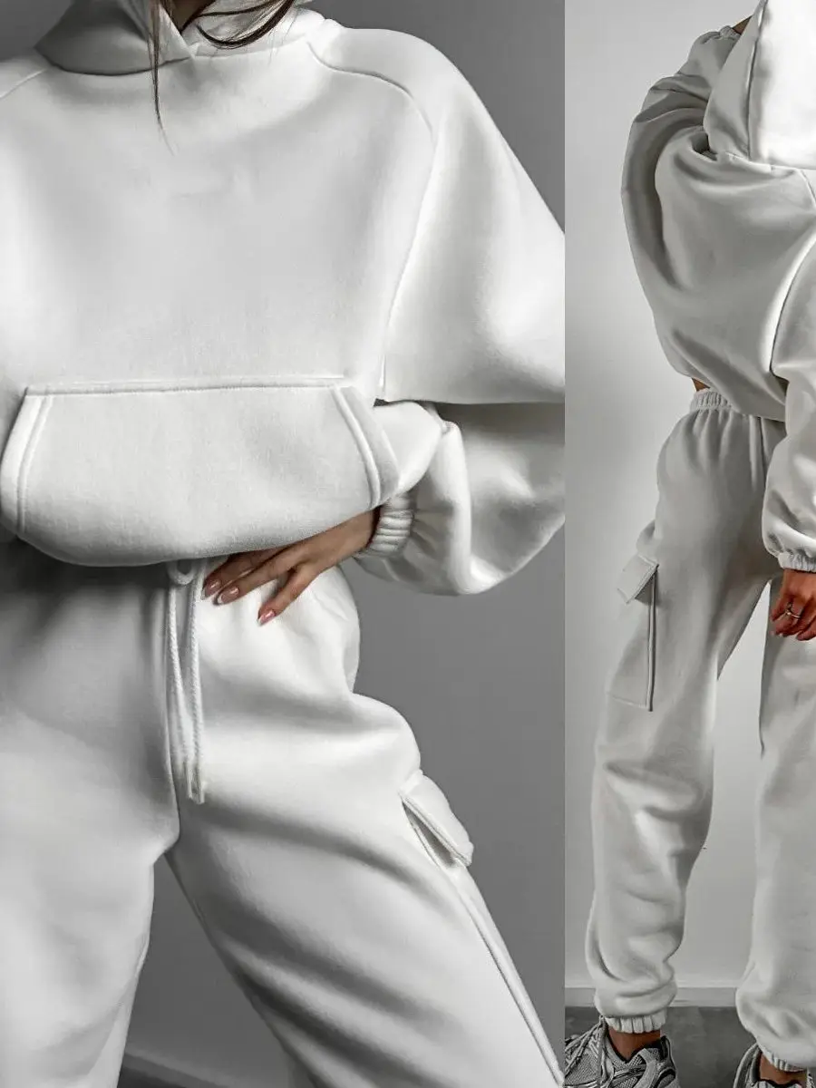 レディース-フード付き-マルチポケット-ドローストリング-スーツ-無地-カジュアル-スポーツウェア-ツーピースセット-長袖-長ズボン-ポリエステル繊維