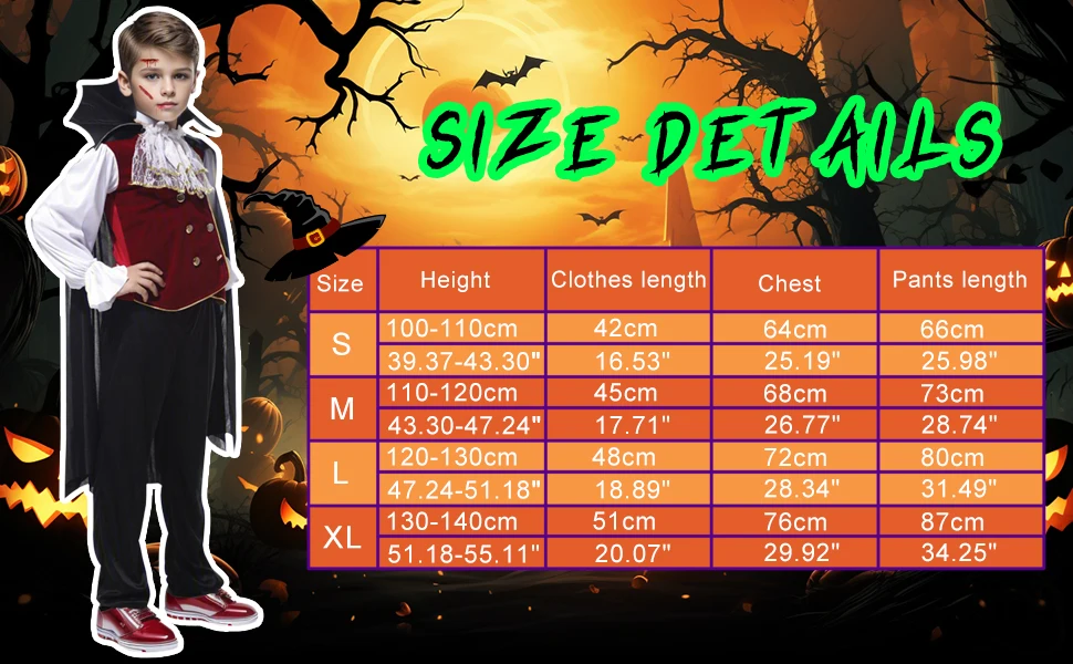 Jungen Halloween Vampir Cosplay Kostüm Kind Erwachsene Vampir Uhr Karneval Party Outfit Kostüme mit falschen Zähnen Gehstock – Detail 5