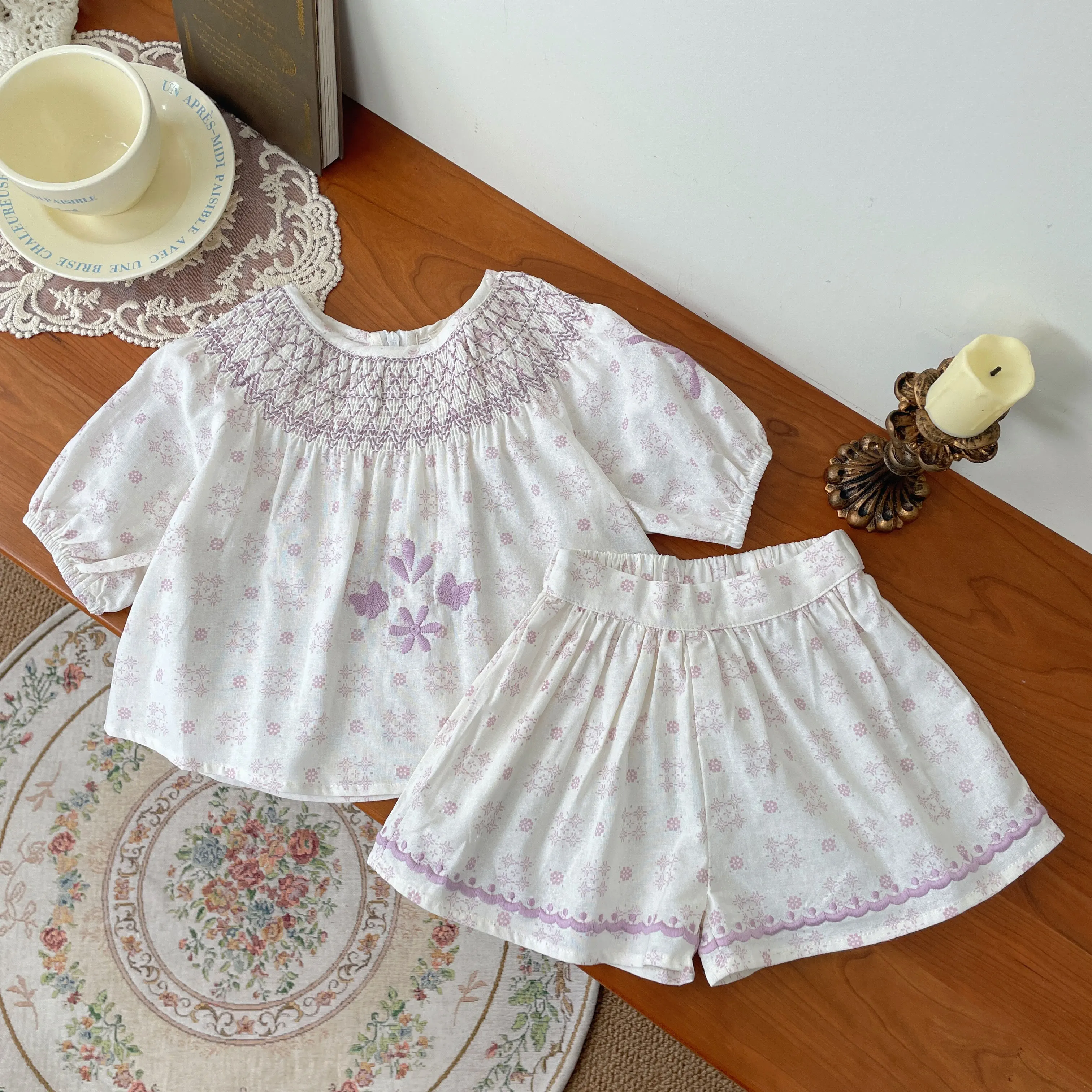 

In Stock 2024 APO New Kids Short Sleeve Tops Suit Floral embroidery Girls Boys Set Summer Top short Pant Baby Clothes