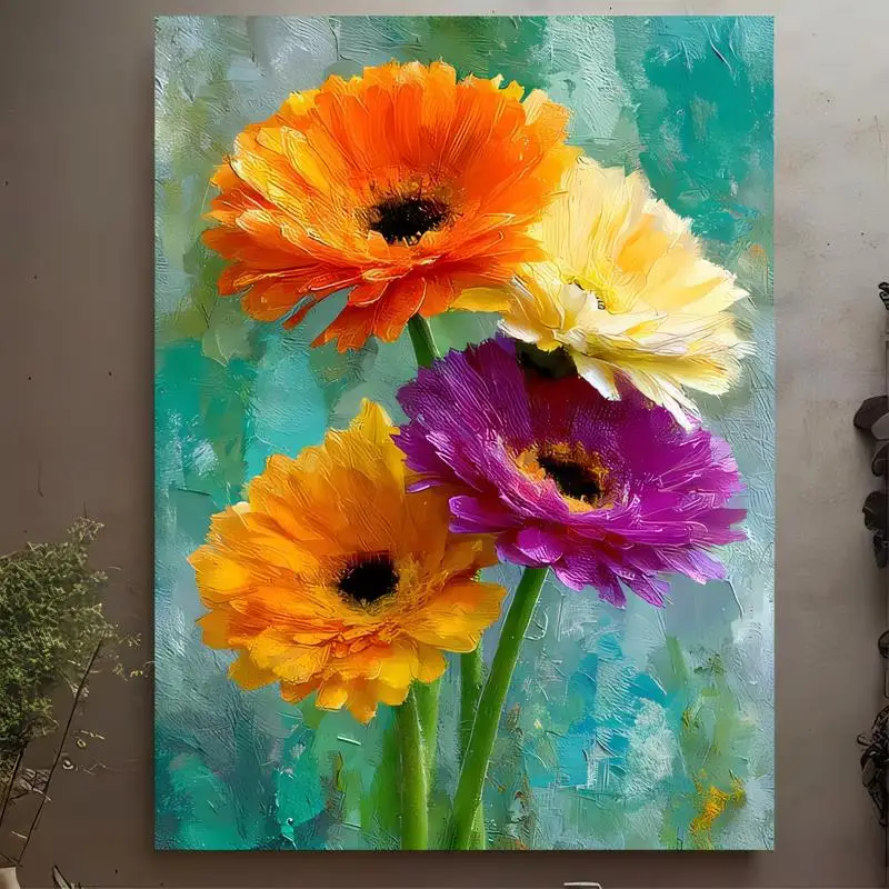 Oil - Painted Texture Gerbera Daisies Metal Wall Art, Vibrant Orange/Yellow/Purple Floral Design, Impressionist Style, Iron, Per